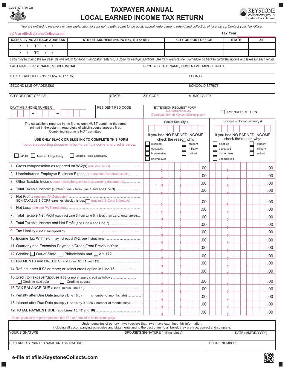 Form CLGS-32-1 Taxpayer Annual Local Earned Income Tax Return - Pennsylvania, Page 1