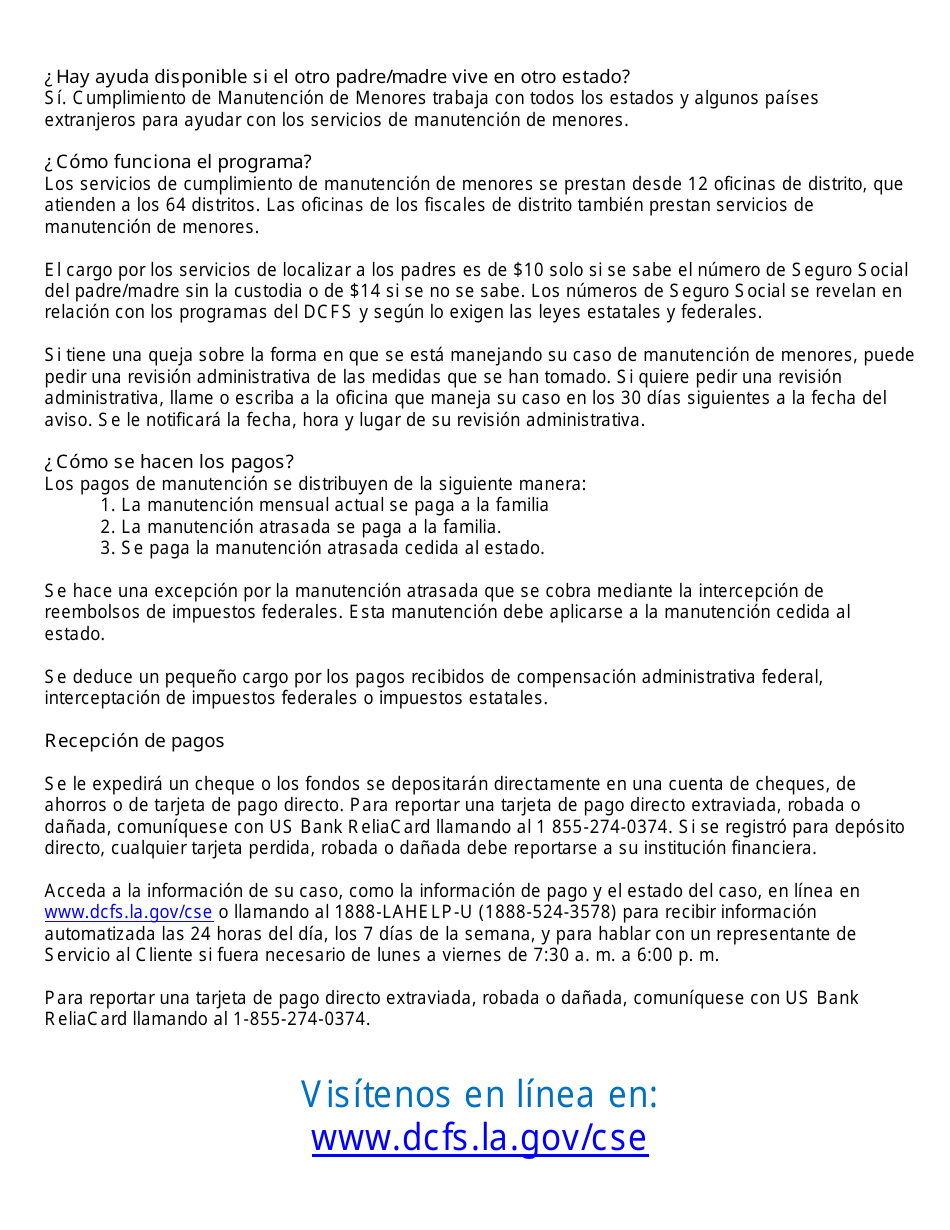 Form CSE101SP Application or Documentation for Child Support Services - Louisiana (English / Spanish), Page 2