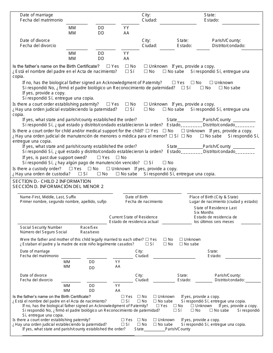 Form CSE101SP Application or Documentation for Child Support Services - Louisiana (English / Spanish), Page 6