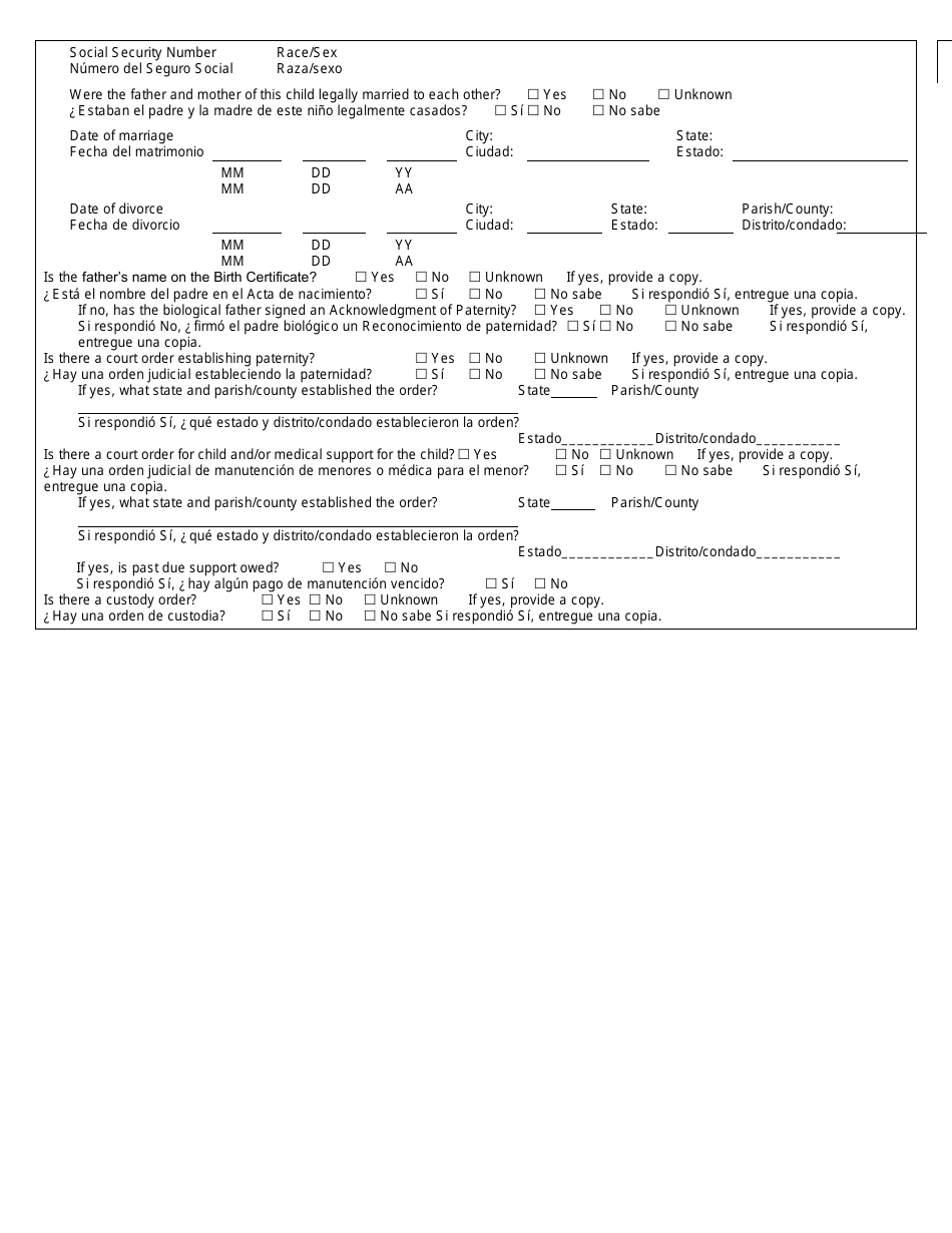 Form CSE101SP Application or Documentation for Child Support Services - Louisiana (English / Spanish), Page 8