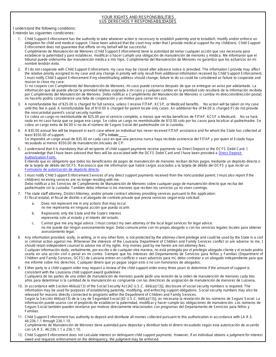 Form CSE101SP Application or Documentation for Child Support Services - Louisiana (English / Spanish), Page 9