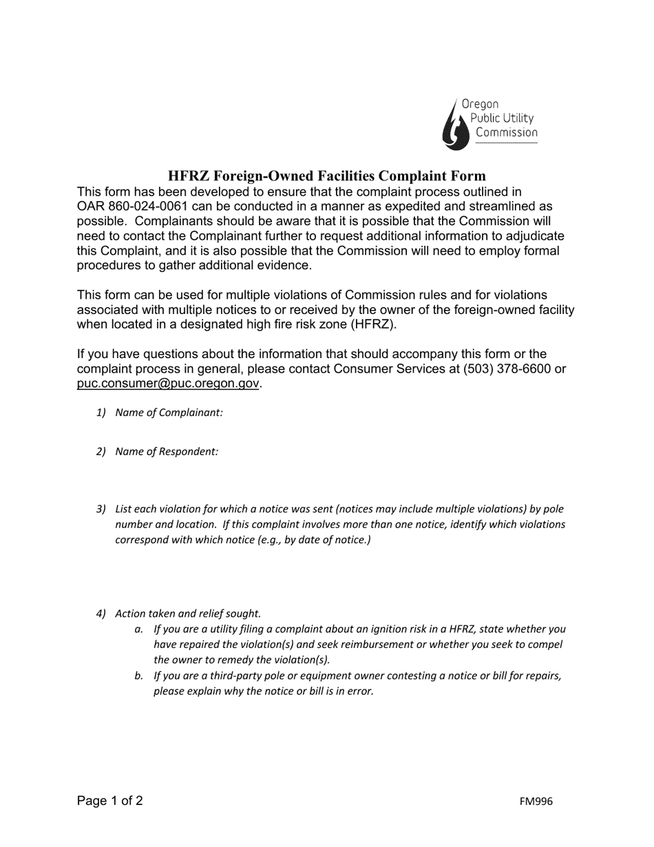 PUC Form FM996 Hfrz Foreign-Owned Facilities Complaint Form - Oregon, Page 1