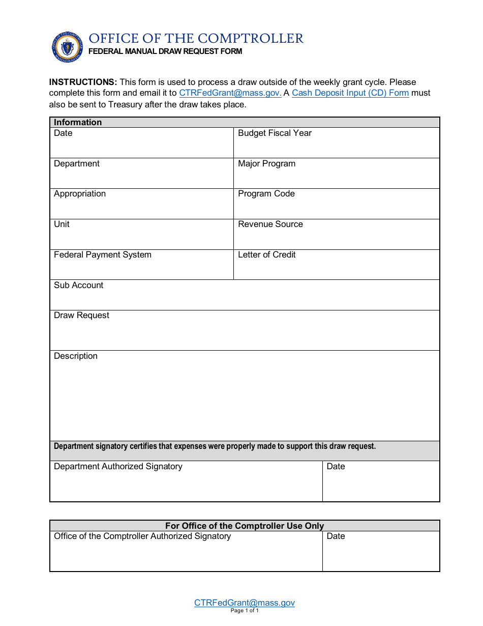 Federal Manual Draw Request Form - Massachusetts, Page 1