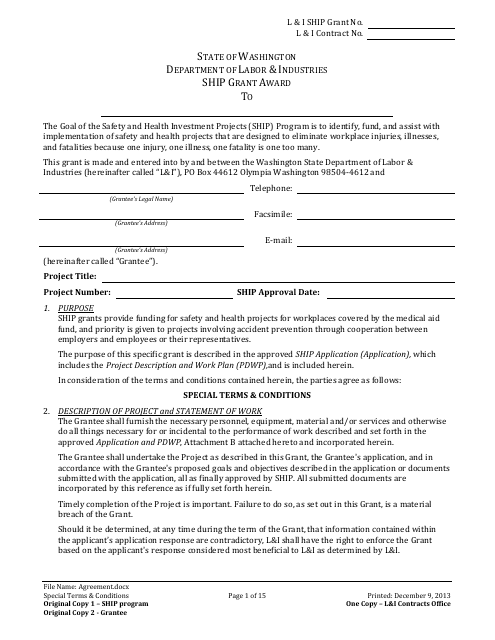 L&i Ship Grant Award Agreement Form - Washington