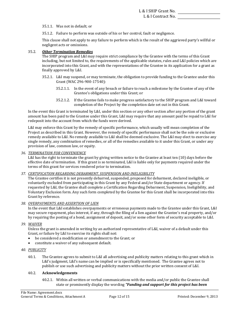 Li Ship Grant Award Agreement Form - Washington, Page 12