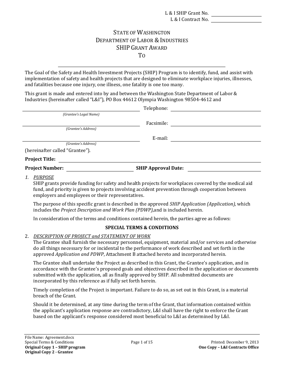 Li Ship Grant Award Agreement Form - Washington, Page 1