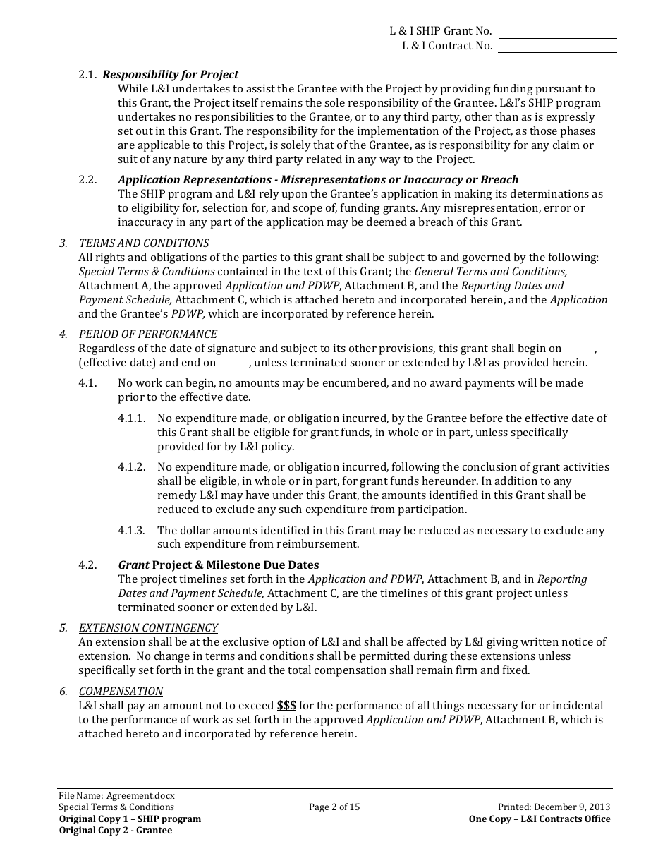 Li Ship Grant Award Agreement Form - Washington, Page 2