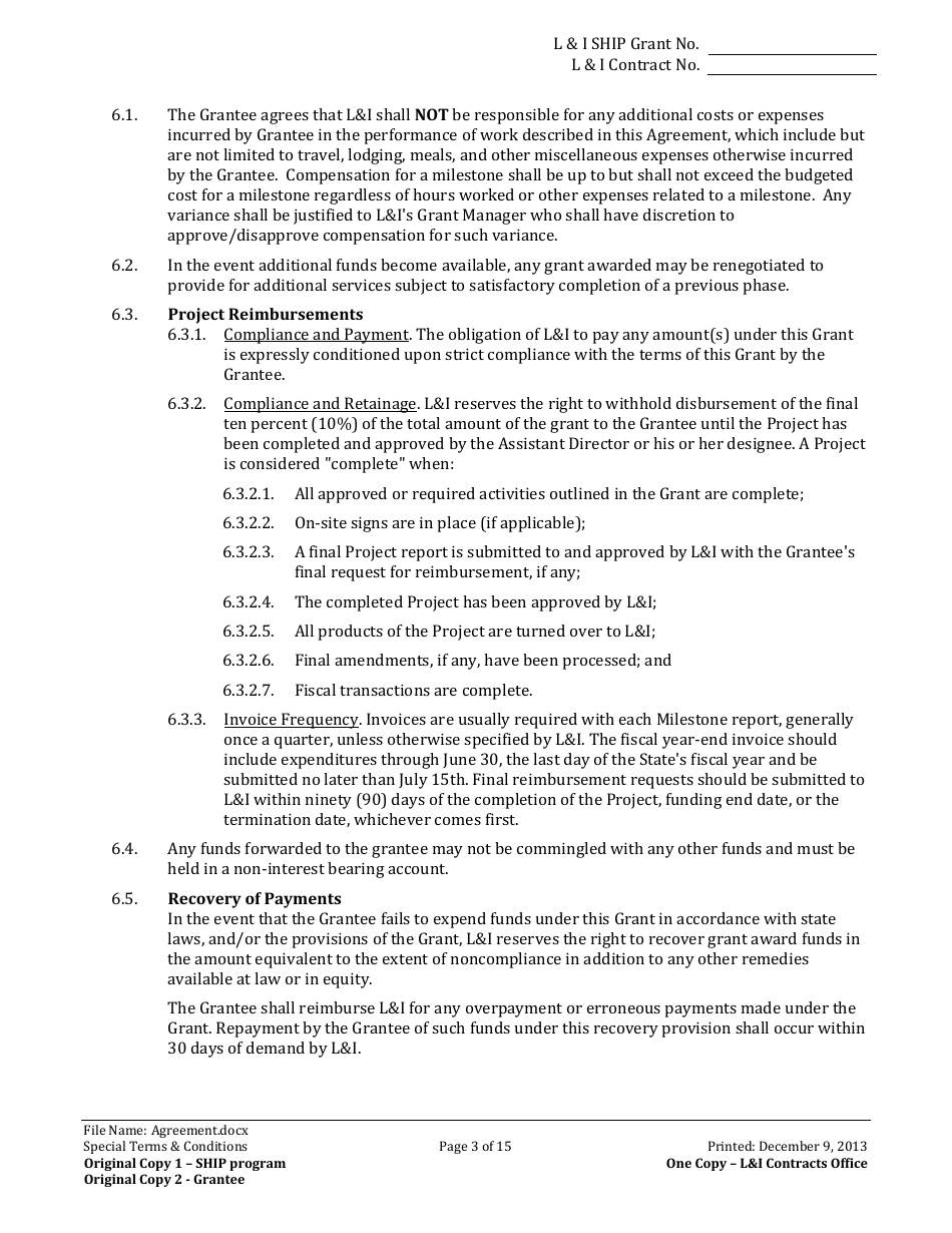 Li Ship Grant Award Agreement Form - Washington, Page 3
