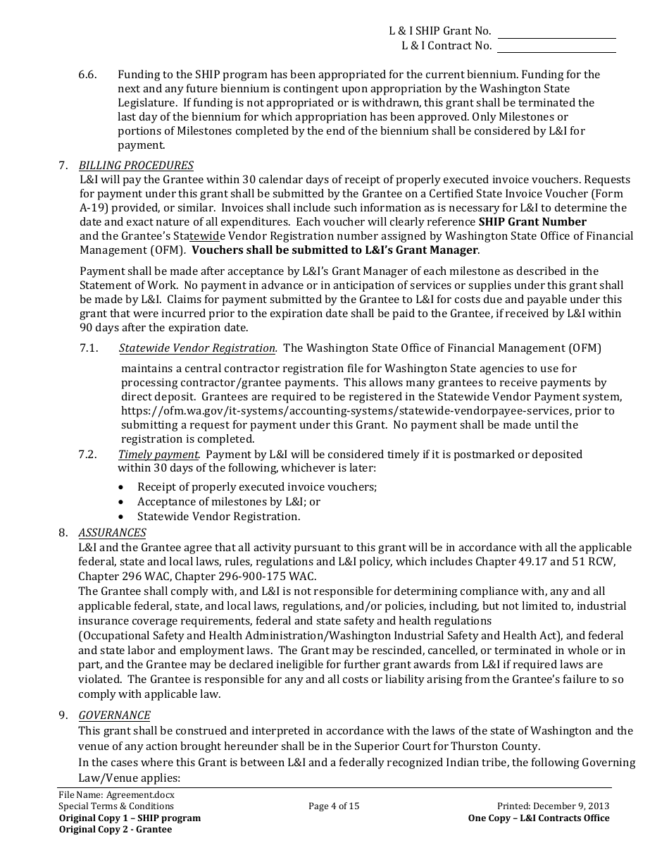 Li Ship Grant Award Agreement Form - Washington, Page 4