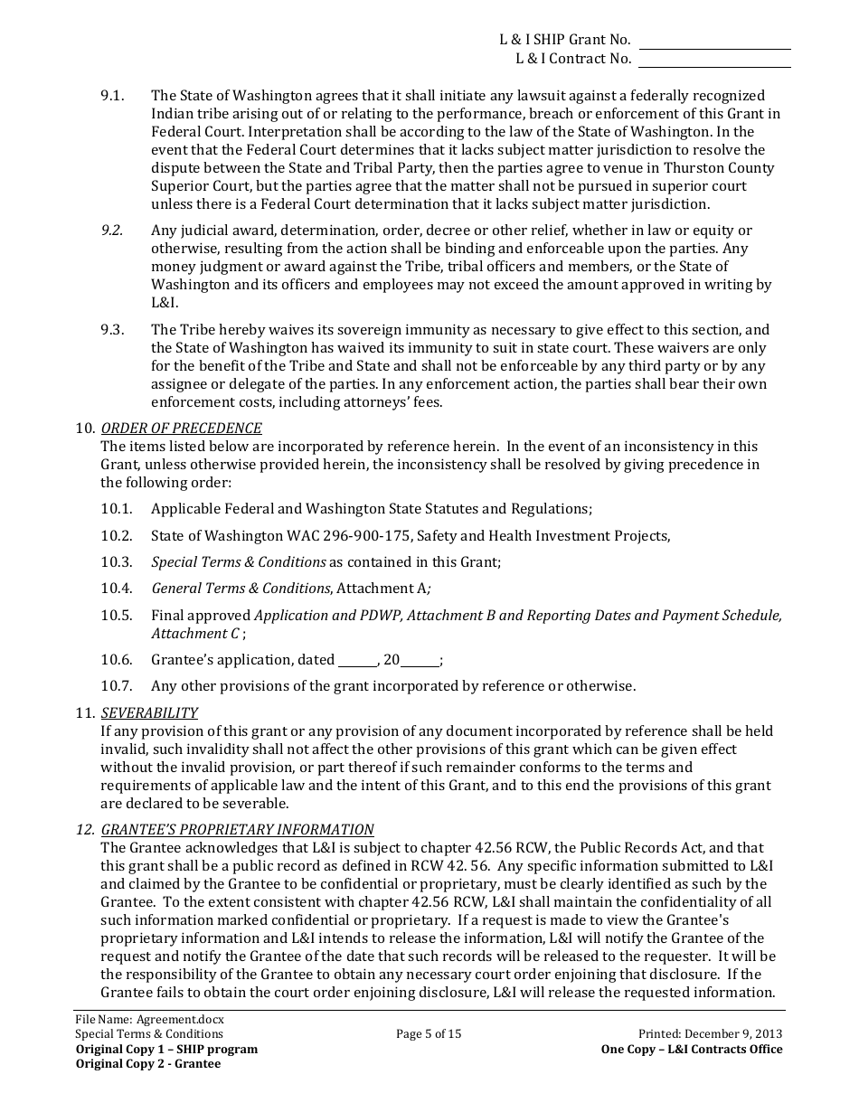 Li Ship Grant Award Agreement Form - Washington, Page 5