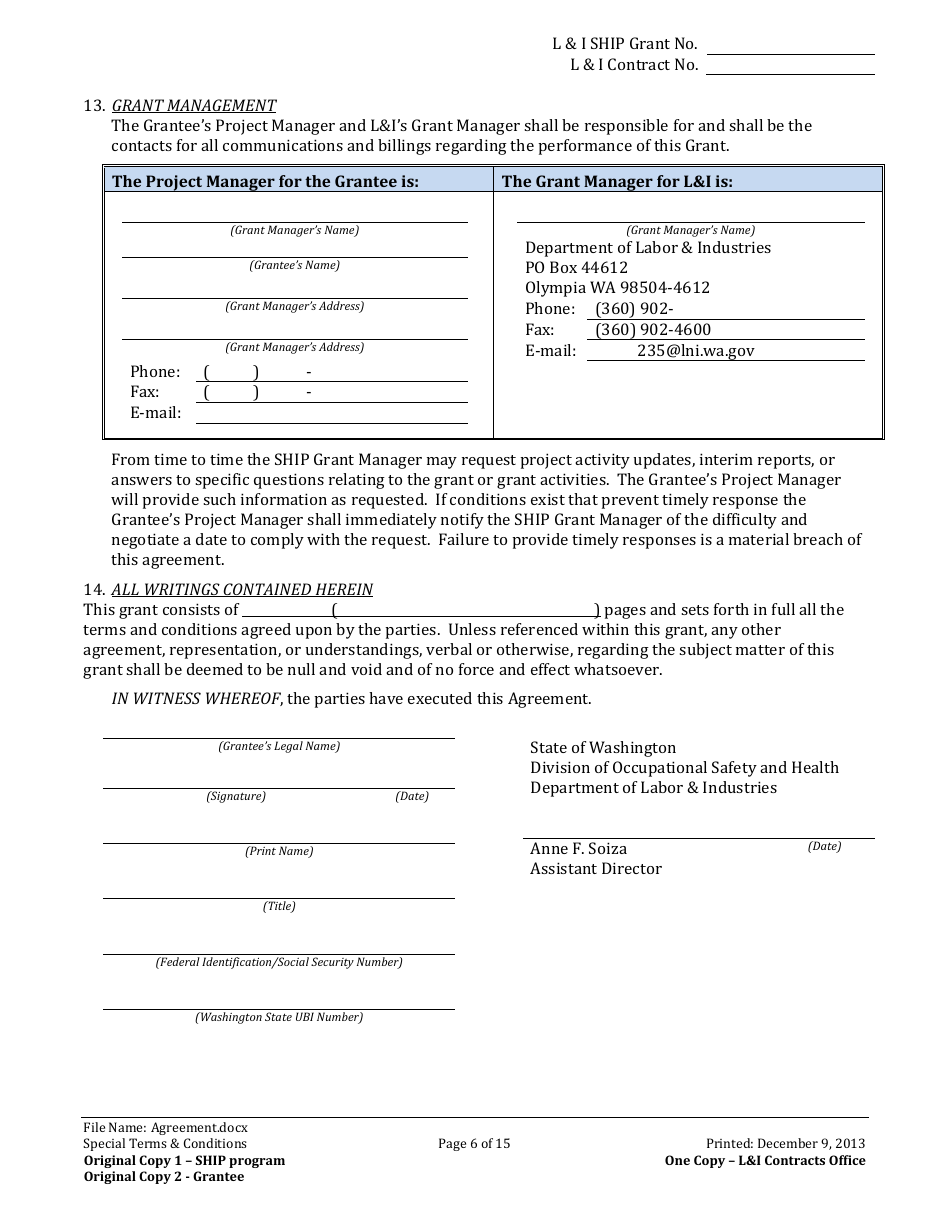 Washington L&i Ship Grant Award Agreement Form - Fill Out, Sign Online ...