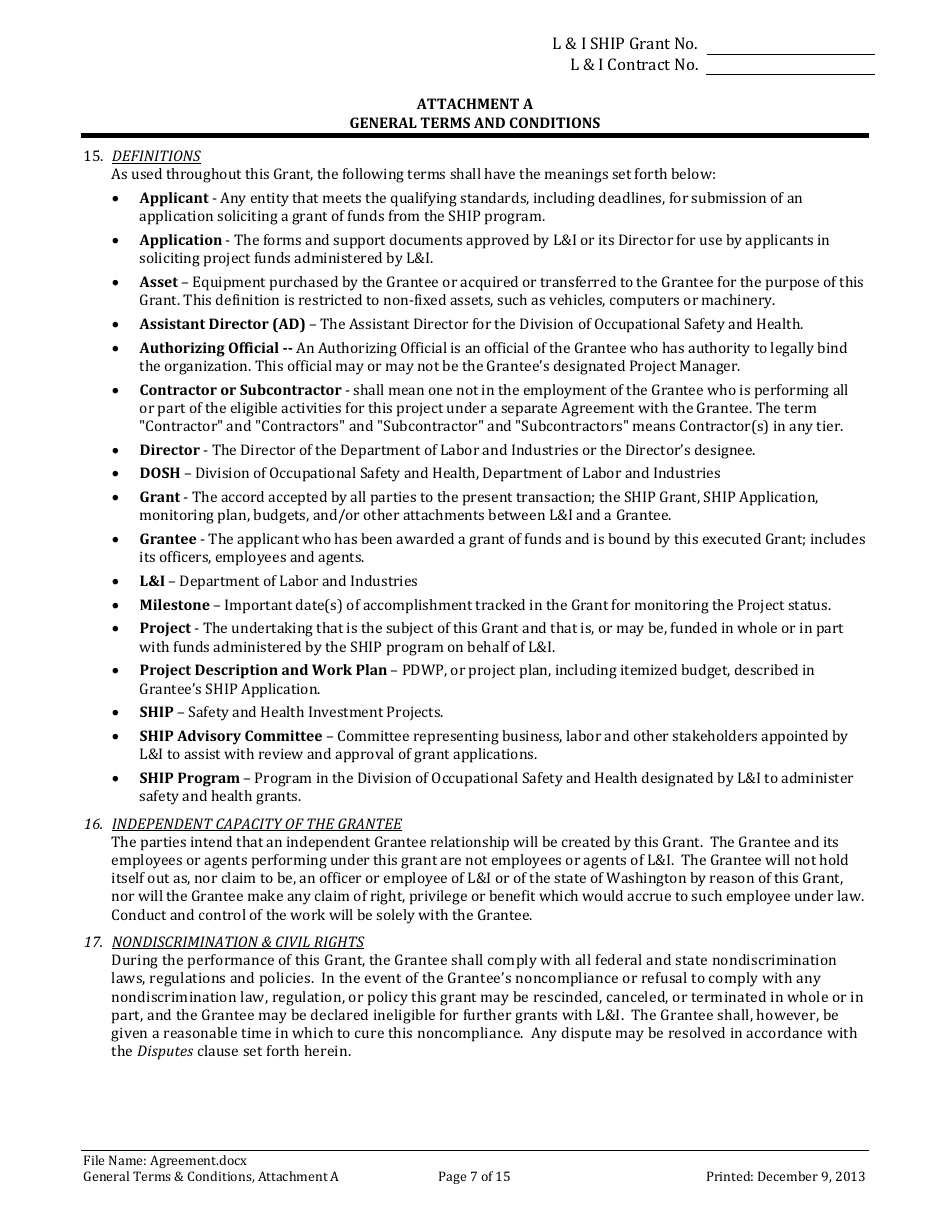 Li Ship Grant Award Agreement Form - Washington, Page 7