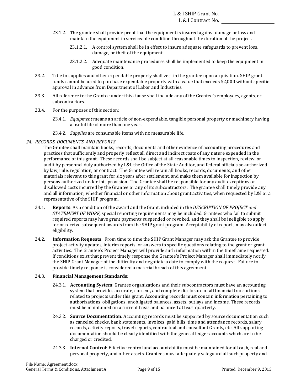 Li Ship Grant Award Agreement Form - Washington, Page 9