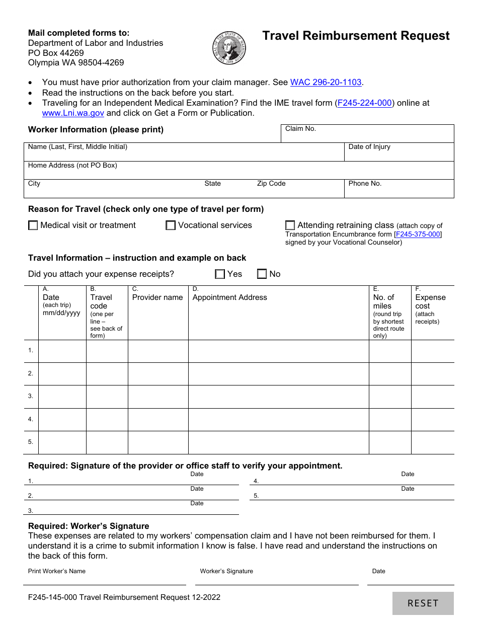 Form F245-145-000 Travel Reimbursement Request - Washington, Page 1