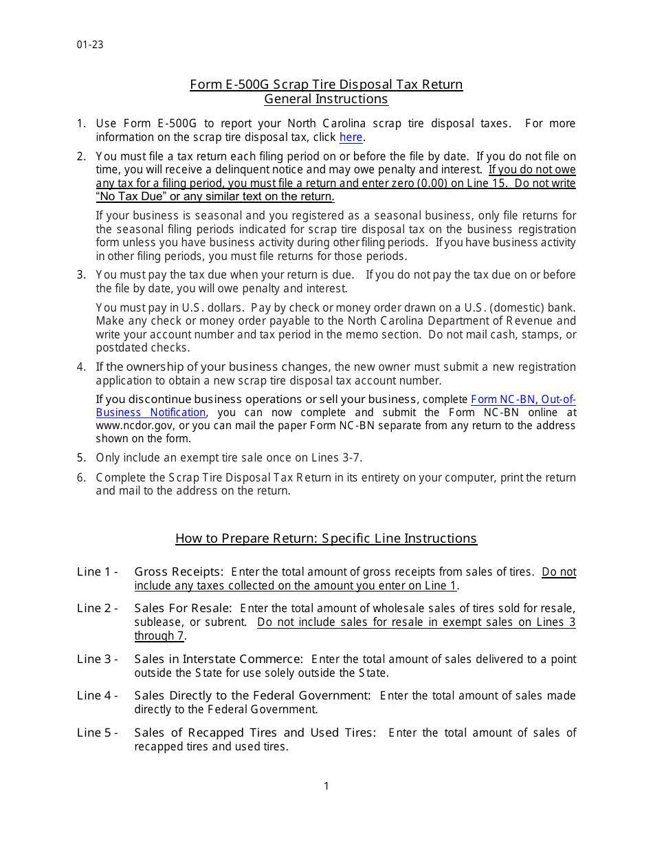 Instructions for Form E-500G Scrap Tire Disposal Tax Return - North Carolina, Page 1