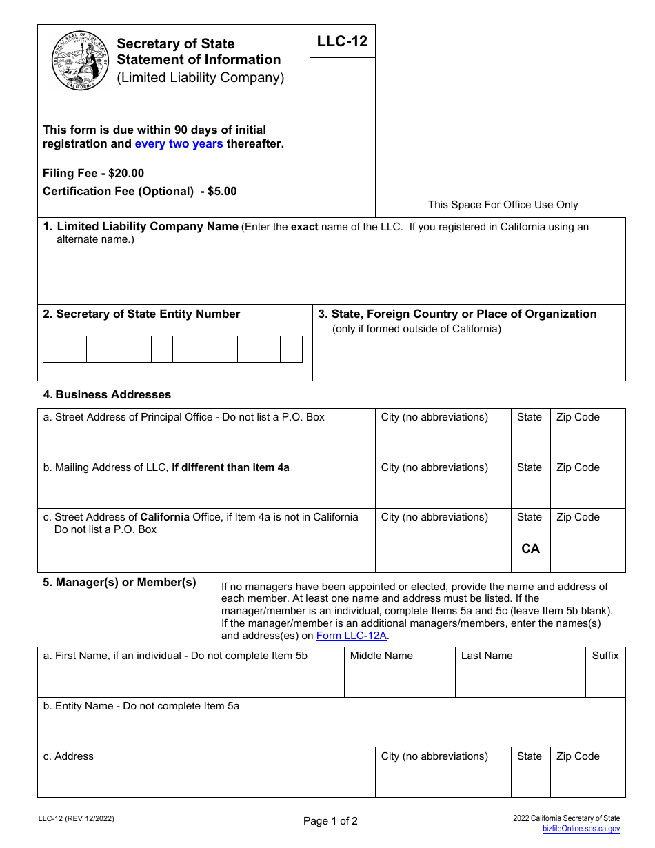 Form LLC12 Download Fillable PDF or Fill Online Statement of