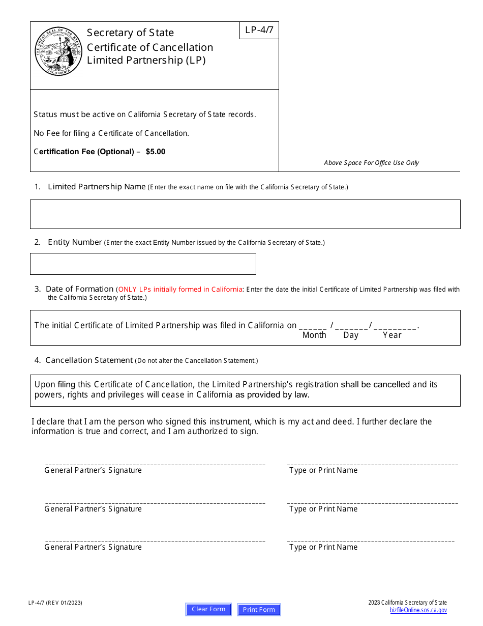 Form LP-4 / 7 Certificate of Cancellation Limited Partnership (Lp) - California, Page 2