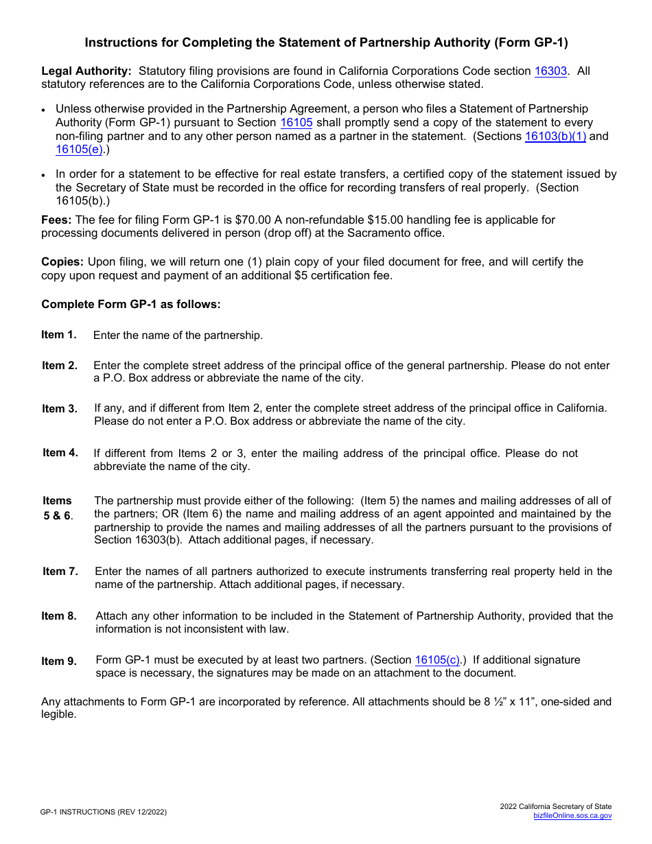Form GP-1 Statement of Partnership Authority - California, Page 2