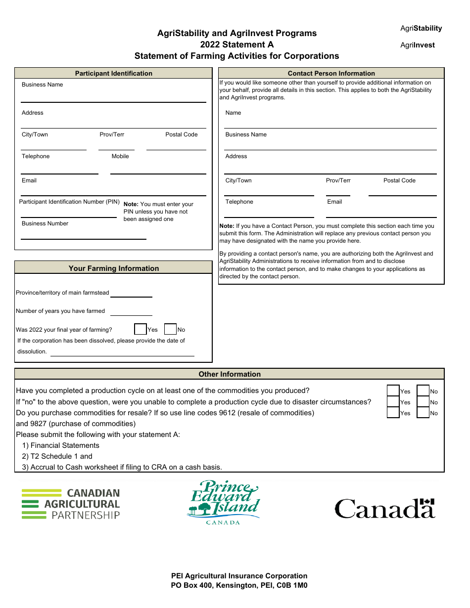 Statement a - Statement of Farming Activities for Corporations - Agristability and Agriinvest Programs - Prince Edward Island, Canada, Page 1