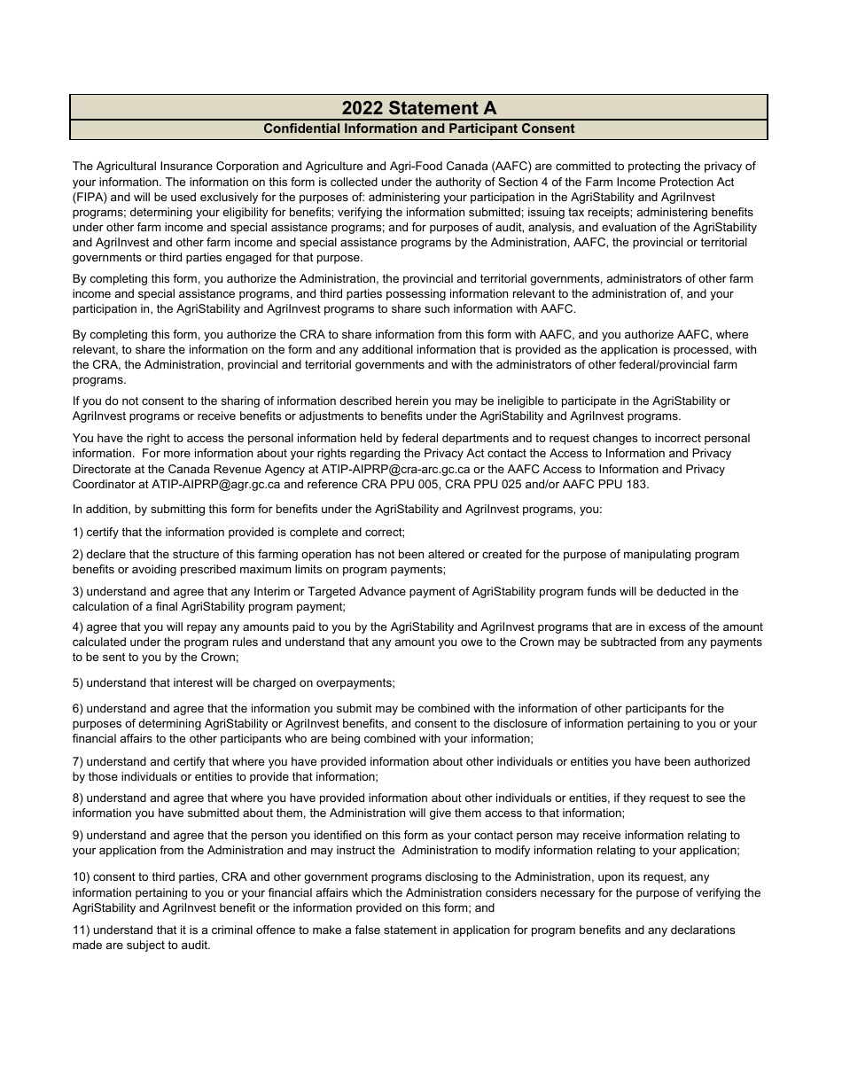 Statement a - Statement of Farming Activities for Corporations - Agristability and Agriinvest Programs - Prince Edward Island, Canada, Page 2