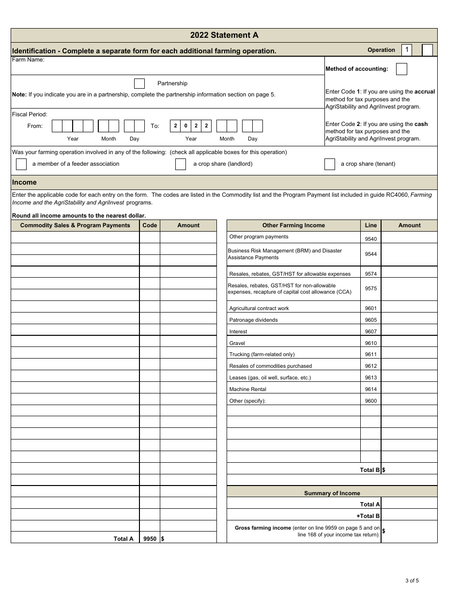 Statement a - Statement of Farming Activities for Corporations - Agristability and Agriinvest Programs - Prince Edward Island, Canada, Page 3