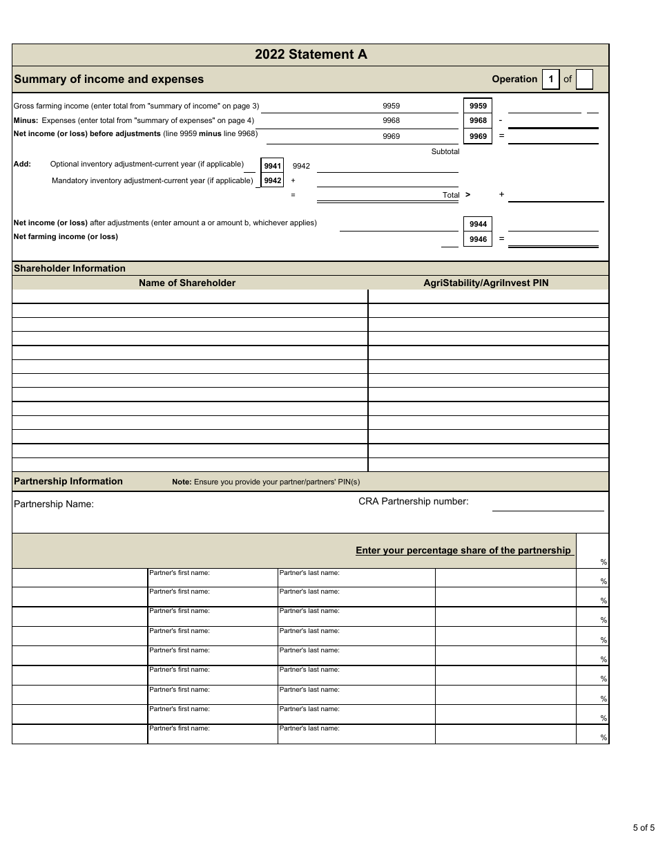 Statement a - Statement of Farming Activities for Corporations - Agristability and Agriinvest Programs - Prince Edward Island, Canada, Page 5