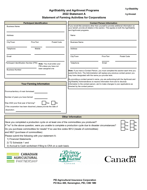 Statement a - Statement of Farming Activities for Corporations - Agristability and Agriinvest Programs - Prince Edward Island, Canada Download Pdf