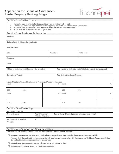 Application for Financial Assistance - Rental Property Heating Program - Prince Edward Island, Canada Download Pdf