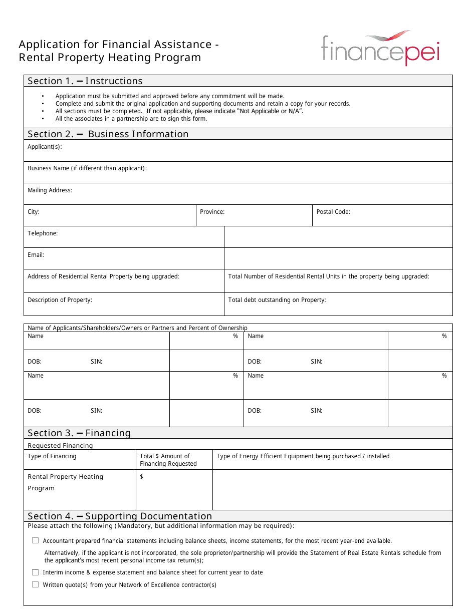 Application for Financial Assistance - Rental Property Heating Program - Prince Edward Island, Canada, Page 1
