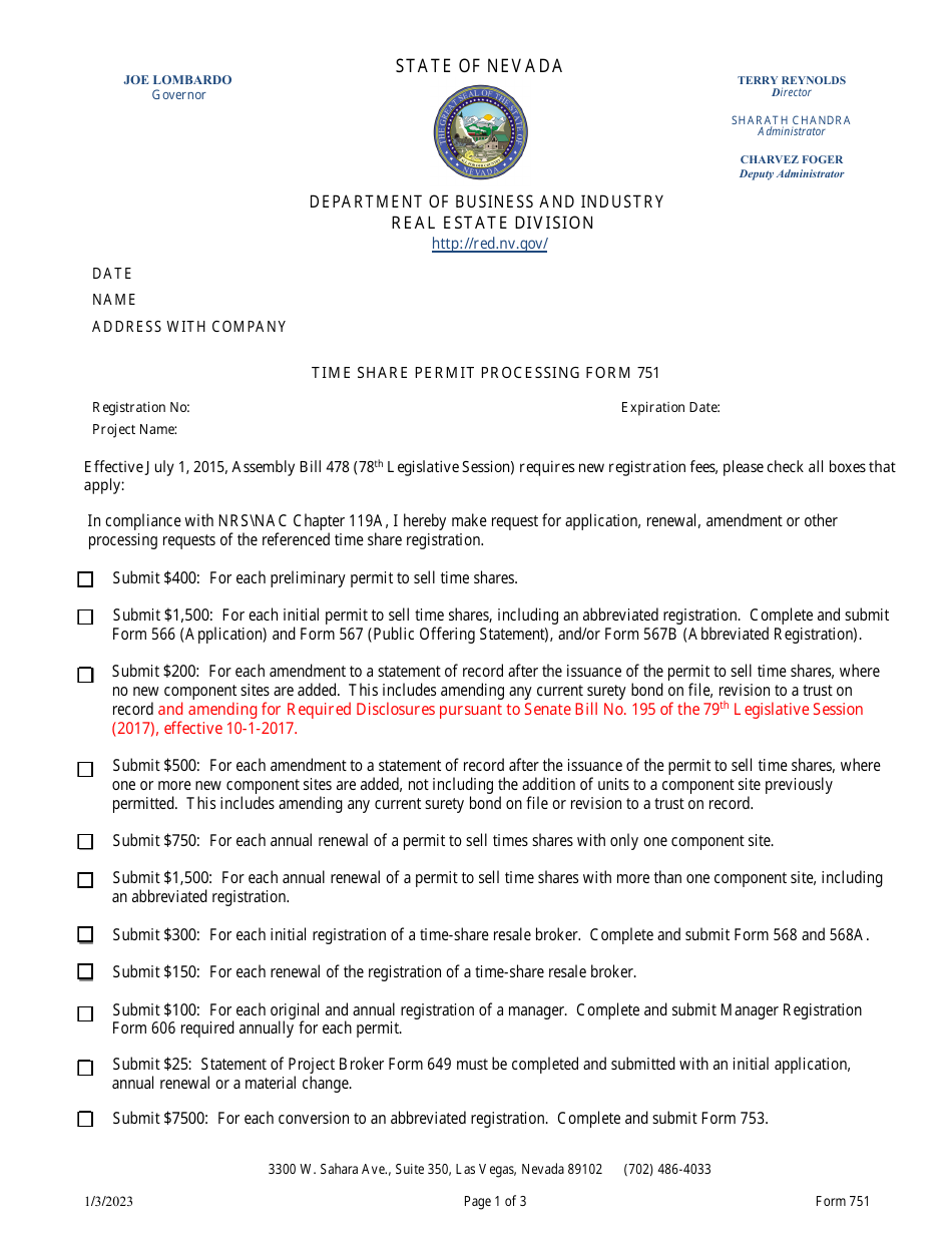 Form 751 Time Share Permit Processing Form - Nevada, Page 1