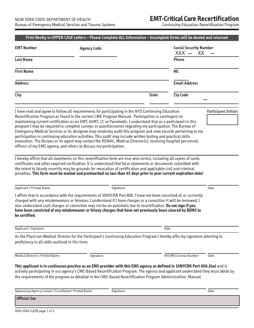Form DOH-5066 Emt-Critical Care Recertification - New York