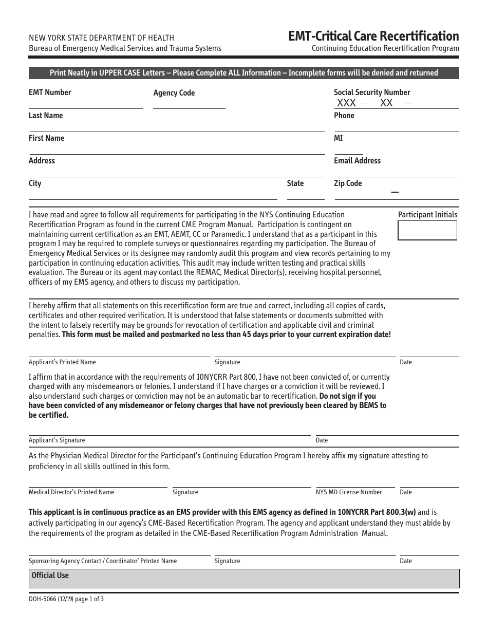 Form DOH-5066 Emt-Critical Care Recertification - New York, Page 1