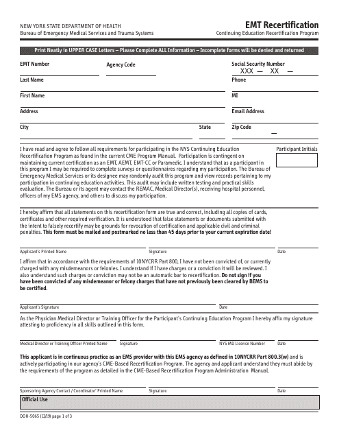 Form DOH-5065 Emt Recertification - New York