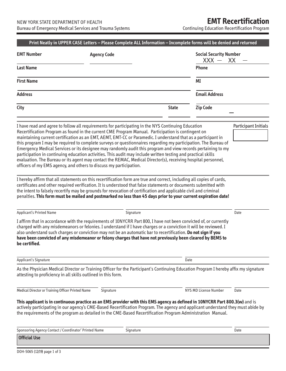 Form DOH-5065 Emt Recertification - New York, Page 1