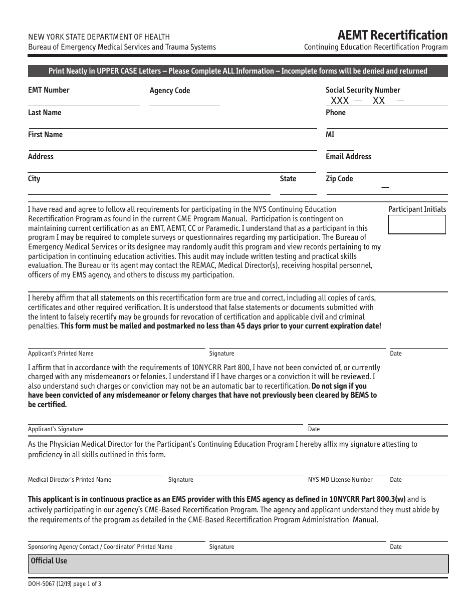 Form DOH-5067 Aemt Recertification - New York, Page 1