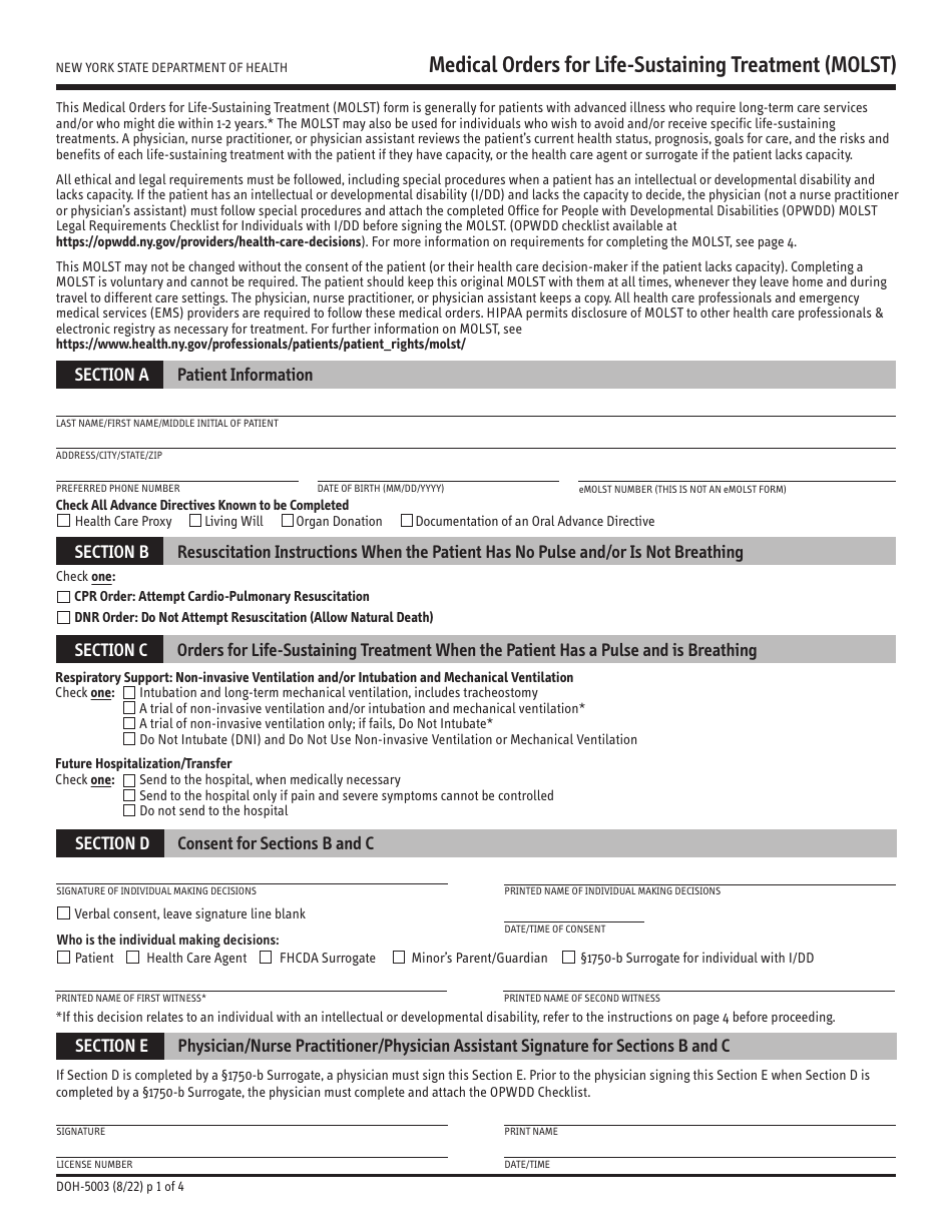 Form DOH-5003 Download Printable PDF or Fill Online Medical Orders for ...