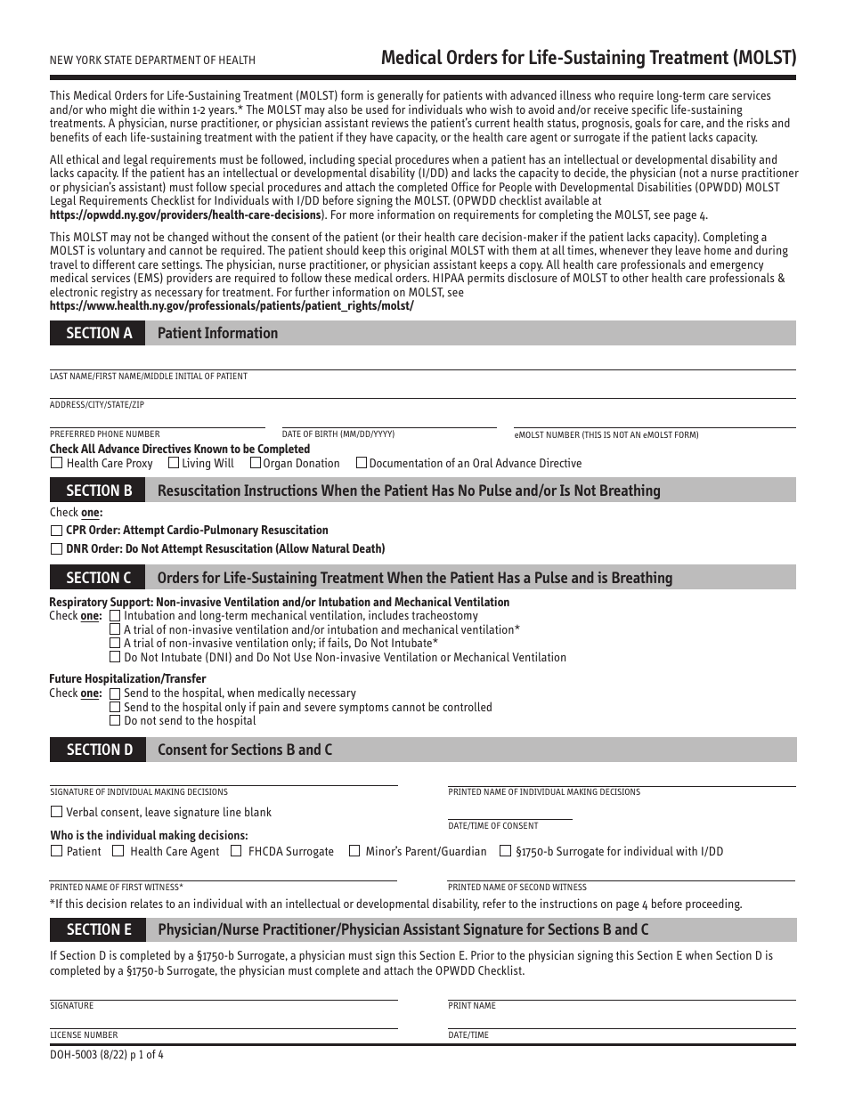 Form DOH-5003 Medical Orders for Life-Sustaining Treatment (Molst) - New York, Page 1