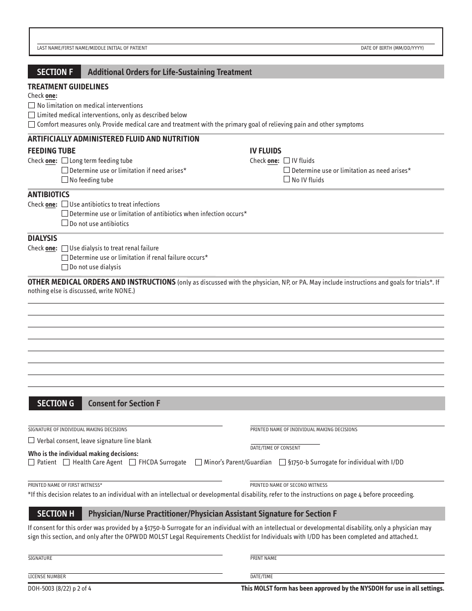 Form DOH-5003 Download Printable PDF or Fill Online Medical Orders for ...