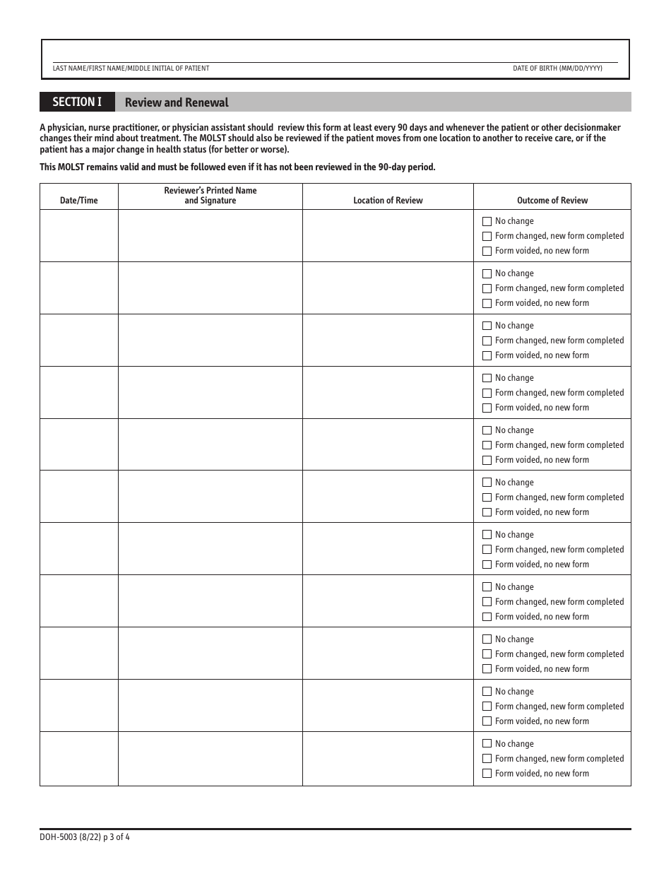 Form DOH-5003 Download Printable PDF or Fill Online Medical Orders for ...