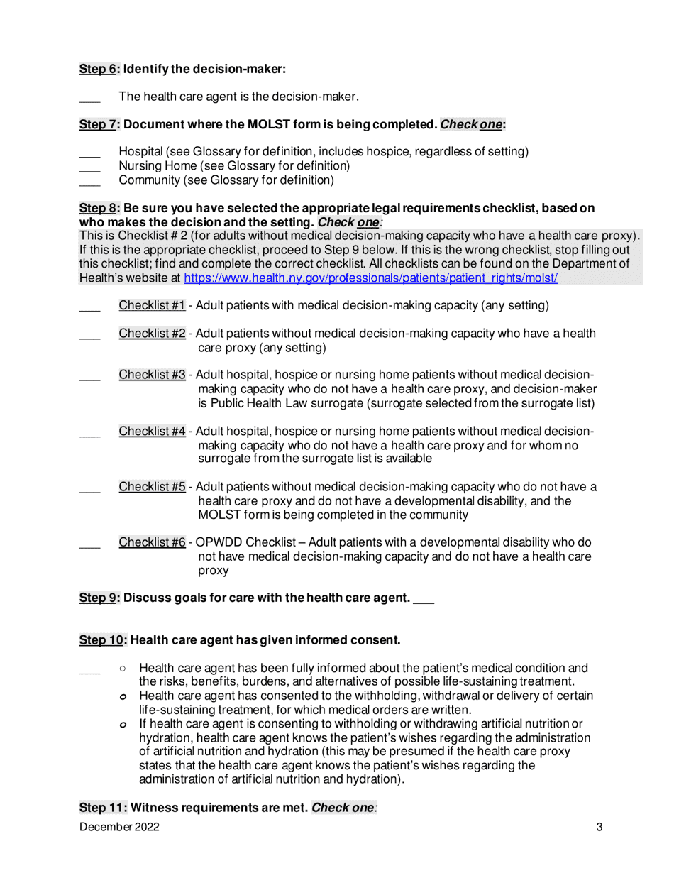 Checklist #2 Adult Patients Without Medical Decision-Making Capacity Who Have a Health Care Proxy (Any Setting) - New York, Page 3