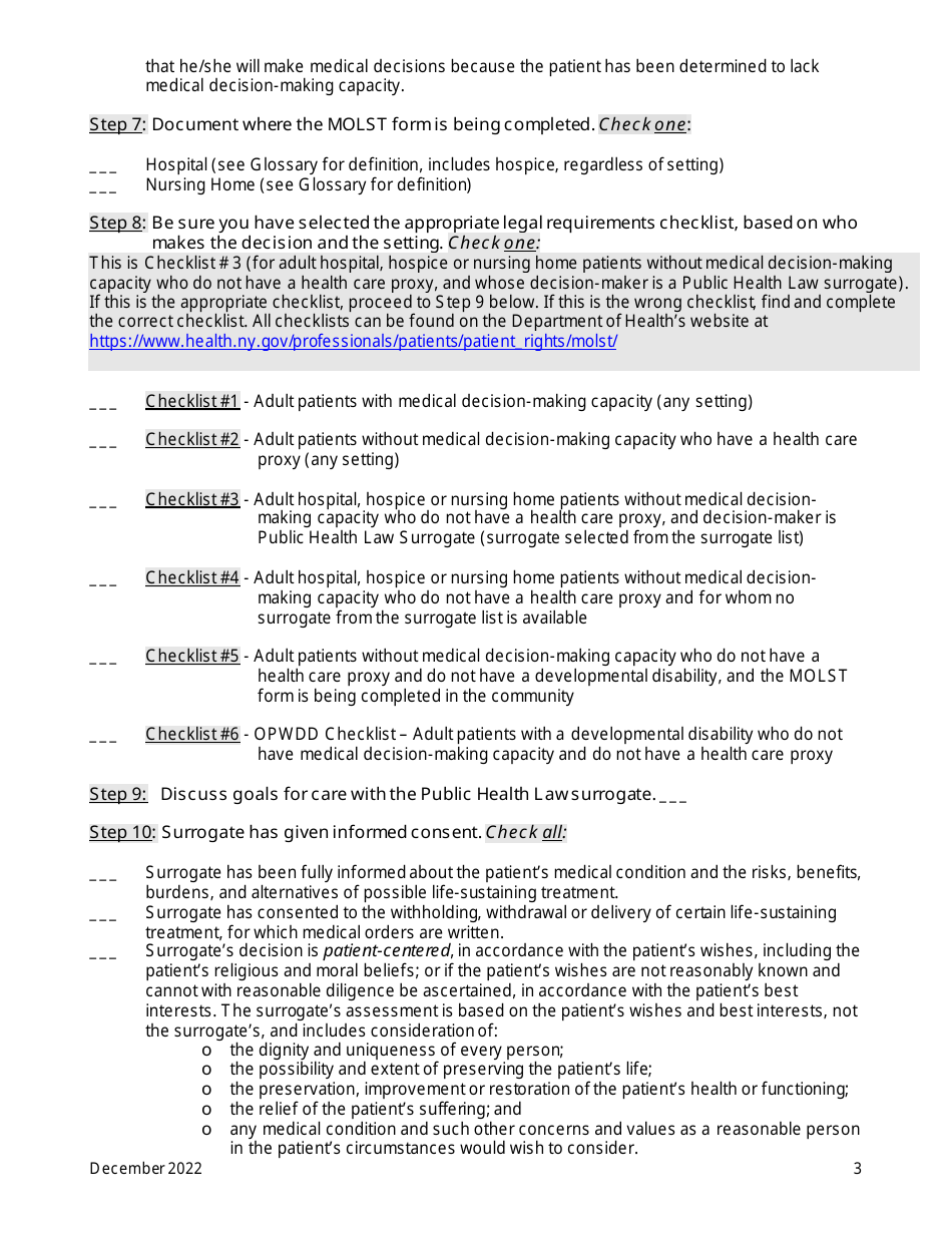 Checklist #3: Adult Hospital, Hospice or Nursing Home Patients Without Medical Decision-Making Capacity Who Do Not Have a Health Care Proxy, and Decision-Maker Is Public Health Law Surrogate (A Surrogate Selected From the Surrogate List) - New York, Page 3