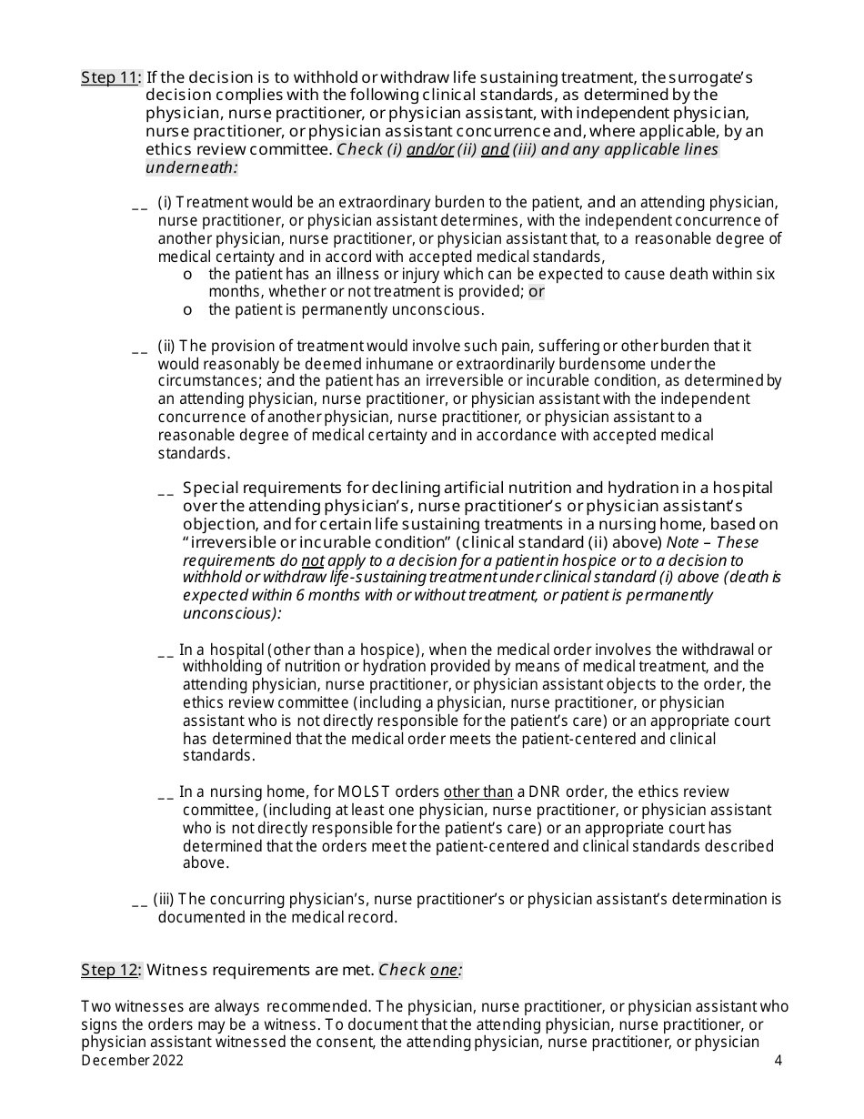 Checklist #3: Adult Hospital, Hospice or Nursing Home Patients Without Medical Decision-Making Capacity Who Do Not Have a Health Care Proxy, and Decision-Maker Is Public Health Law Surrogate (A Surrogate Selected From the Surrogate List) - New York, Page 4