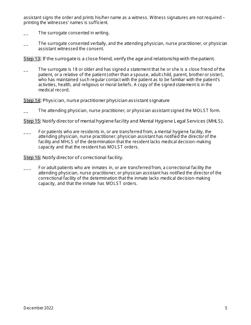 Checklist #3: Adult Hospital, Hospice or Nursing Home Patients Without Medical Decision-Making Capacity Who Do Not Have a Health Care Proxy, and Decision-Maker Is Public Health Law Surrogate (A Surrogate Selected From the Surrogate List) - New York, Page 5
