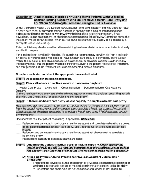 Checklist #4: Adult Hospital, Hospice or Nursing Home Patients Without Medical Decision-Making Capacity Who Do Not Have a Health Care Proxy and for Whom No Surrogate From the Surrogate List Is Available - New York Download Pdf