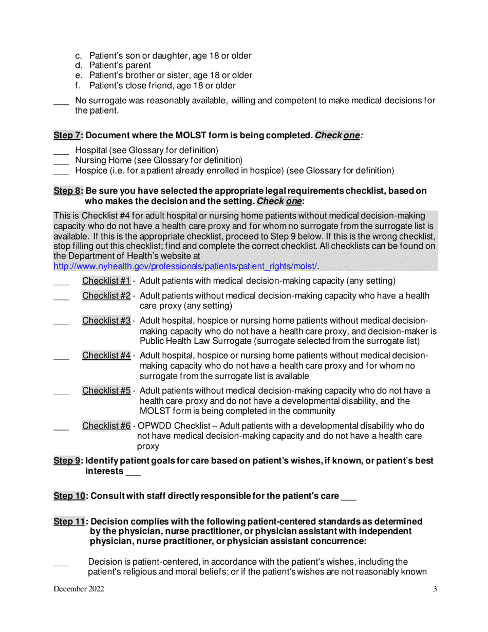Checklist #4: Adult Hospital, Hospice or Nursing Home Patients Without Medical Decision-Making Capacity Who Do Not Have a Health Care Proxy and for Whom No Surrogate From the Surrogate List Is Available - New York, Page 3