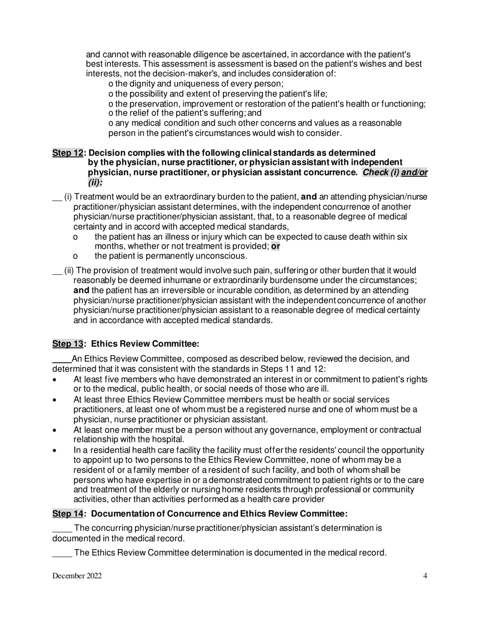 Checklist #4: Adult Hospital, Hospice or Nursing Home Patients Without Medical Decision-Making Capacity Who Do Not Have a Health Care Proxy and for Whom No Surrogate From the Surrogate List Is Available - New York, Page 4