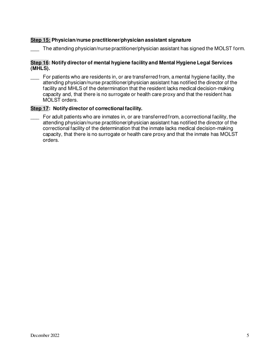 Checklist #4: Adult Hospital, Hospice or Nursing Home Patients Without Medical Decision-Making Capacity Who Do Not Have a Health Care Proxy and for Whom No Surrogate From the Surrogate List Is Available - New York, Page 5