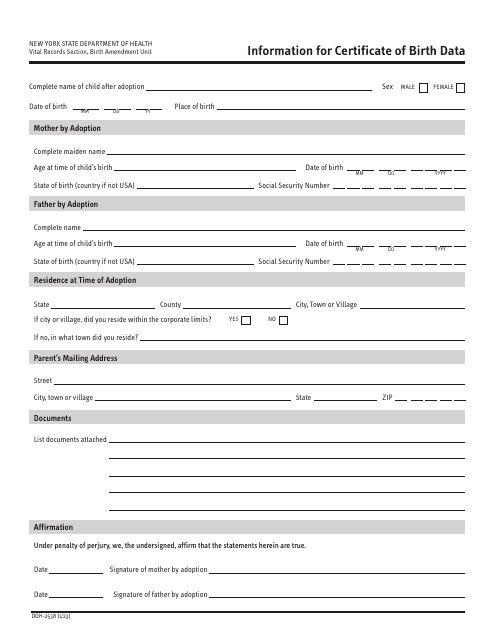 Form DOH-2538 Information for Certificate of Birth Data - New York