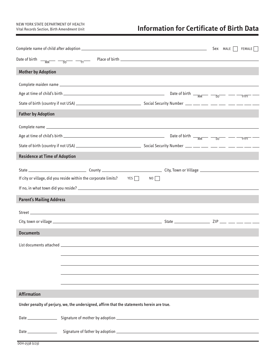 Form DOH-2538 Information for Certificate of Birth Data - New York, Page 1