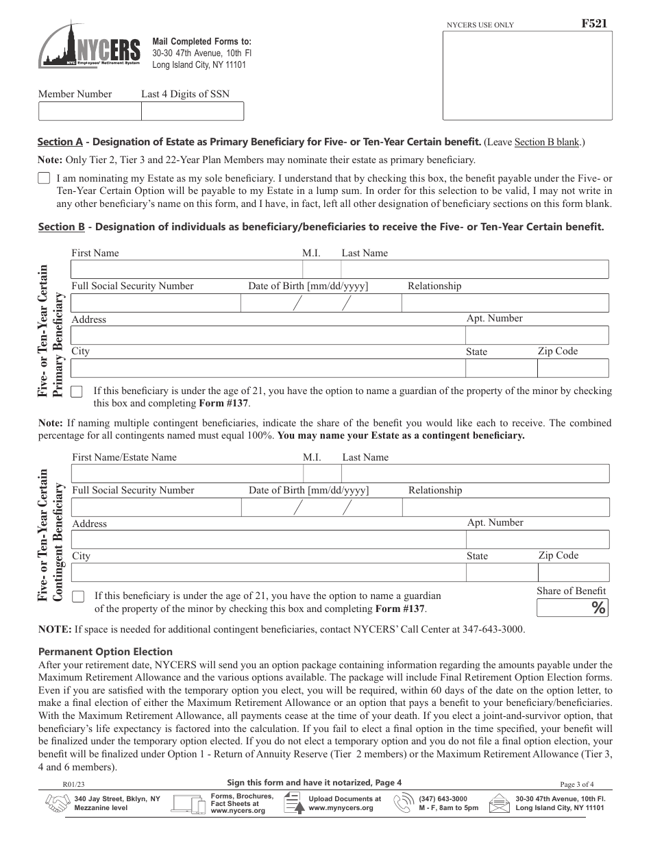 Form F521 Application for Service Retirement Tier 2, 3, 4 and 6 Members - New York City, Page 3